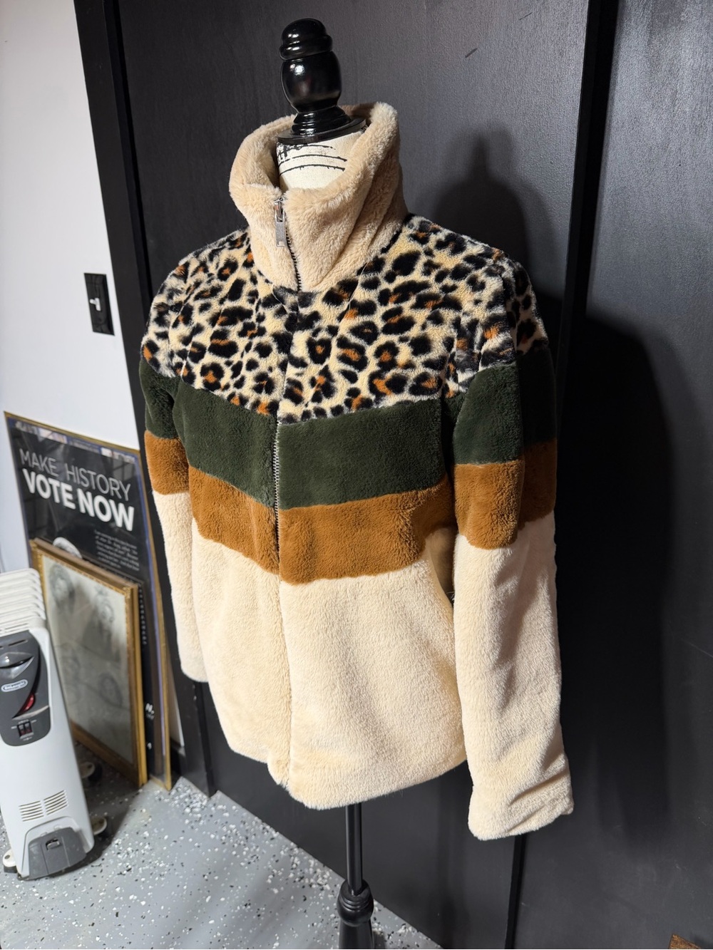 Leopard Colorblock Sherpa Zip Jacket - Cream, Olive & Camel